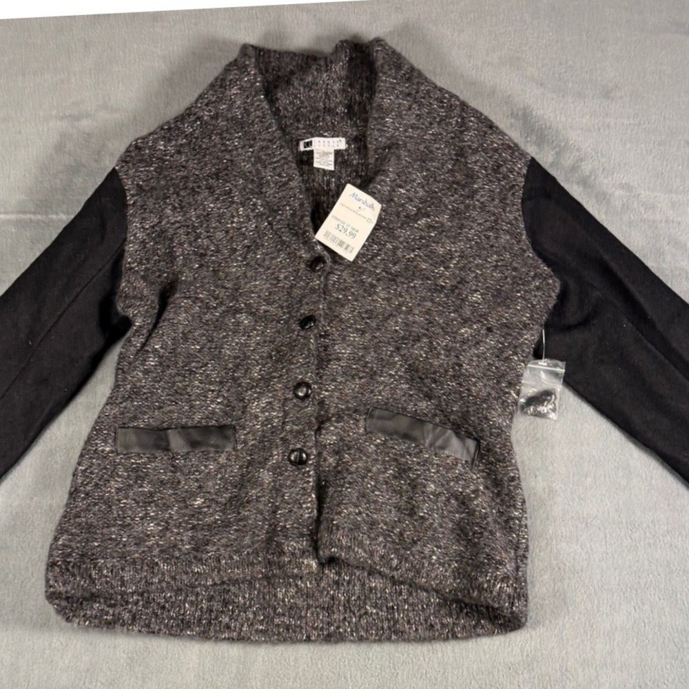 Carole Little Womens Marled Knit Wool Blend Cardigan Shawl Collar Grey Black L